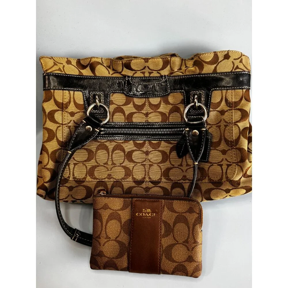 Coach Signature C Tote Bag Khaki Brown Black Leather Trim With Wristlet F14686 - Picture 3 of 8